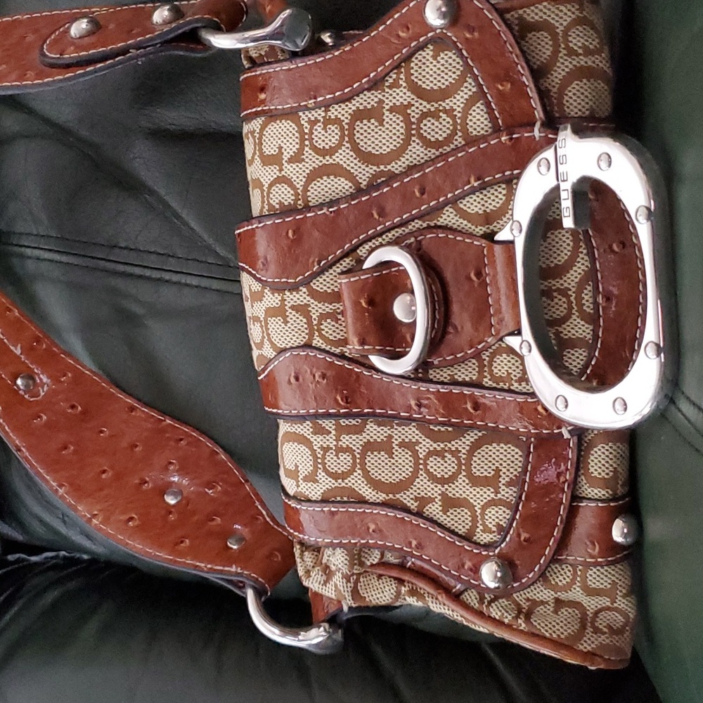 Guess Brown and Tan Monogram Shoulder Bag